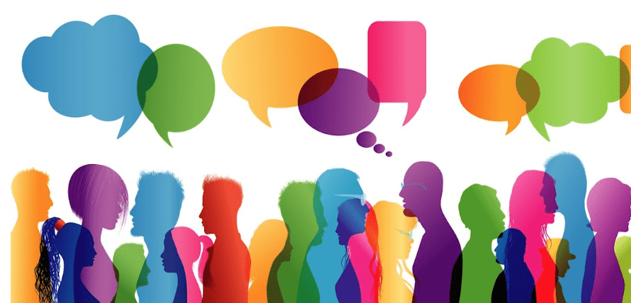 Colorful silhouettes of diverse people talking with overlapping speech and thought bubbles in bright blue, green, orange, pink, and purple, representing communication, conversation, community, and social interaction.