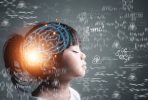 Side profile of a young child with eyes closed, with a glowing illustration of the brain overlaid on their head. Scientific equations and diagrams surround the child, symbolizing brain function, cognition, and neurodevelopment.